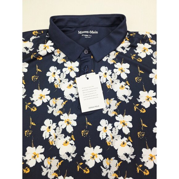Mizzen Main Size 2XL Trim Mens Navy Floral Neck Logo Polyester Versa Polo NWT - Picture 1 of 12